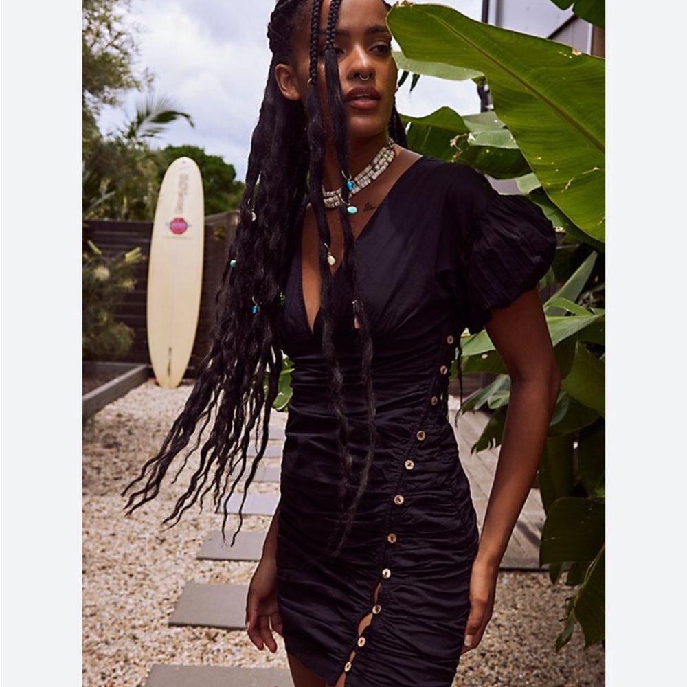 Free People Black Ruched Button-Front Mini Dress - Women L